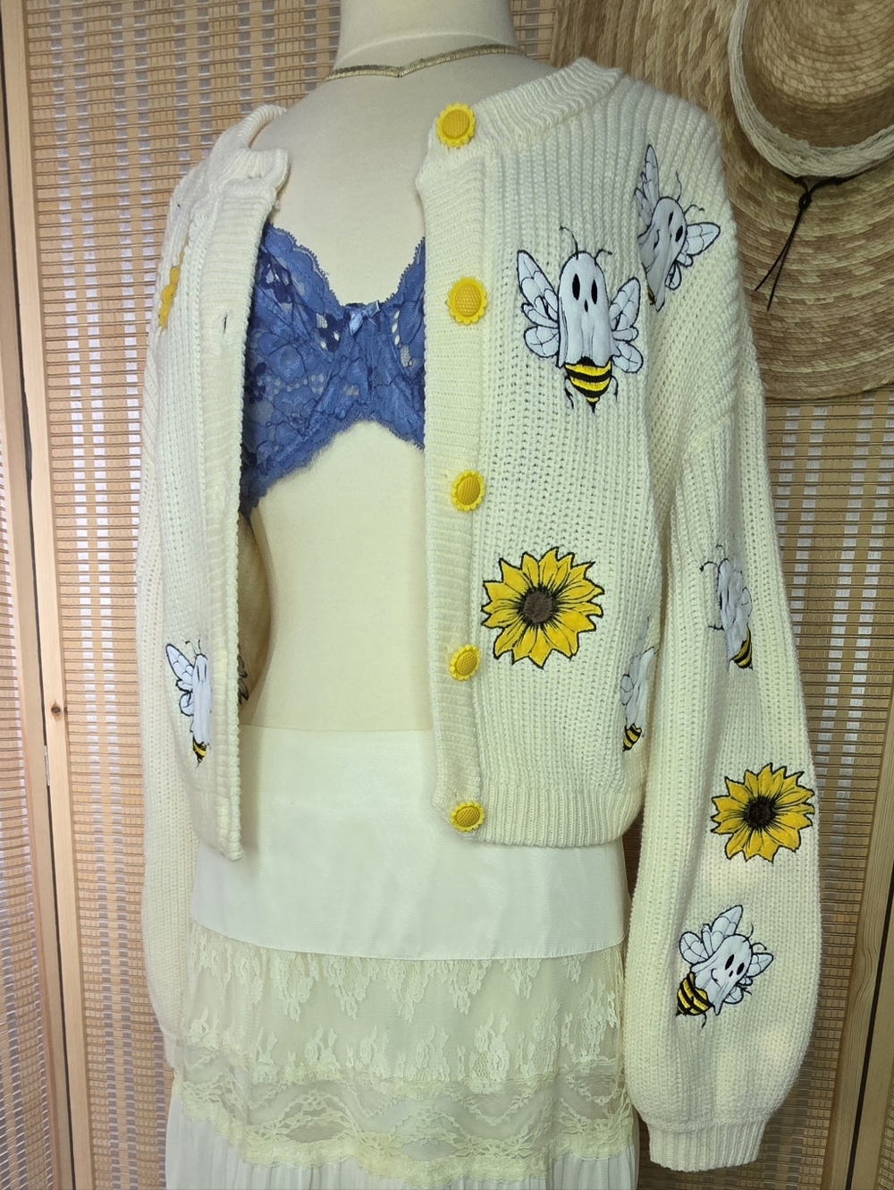 Ivory Chunky Knit Sunflower Button Up Cardigan Sweater with Ghost Bee "Boo-Bees" - Picture 5 of 8